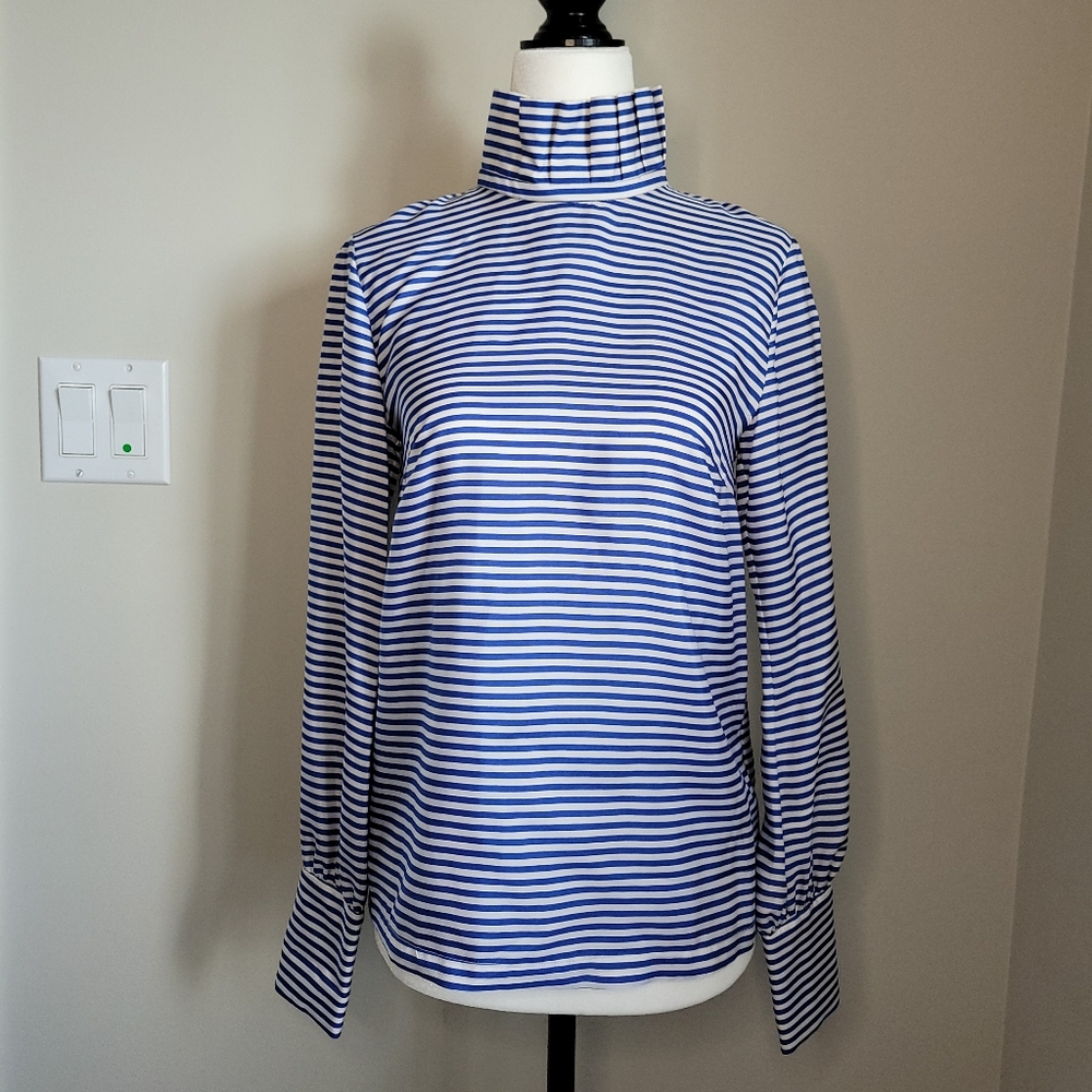 Club Monaco Blue & White Striped Mock Neck Top | Minimalist | French Style